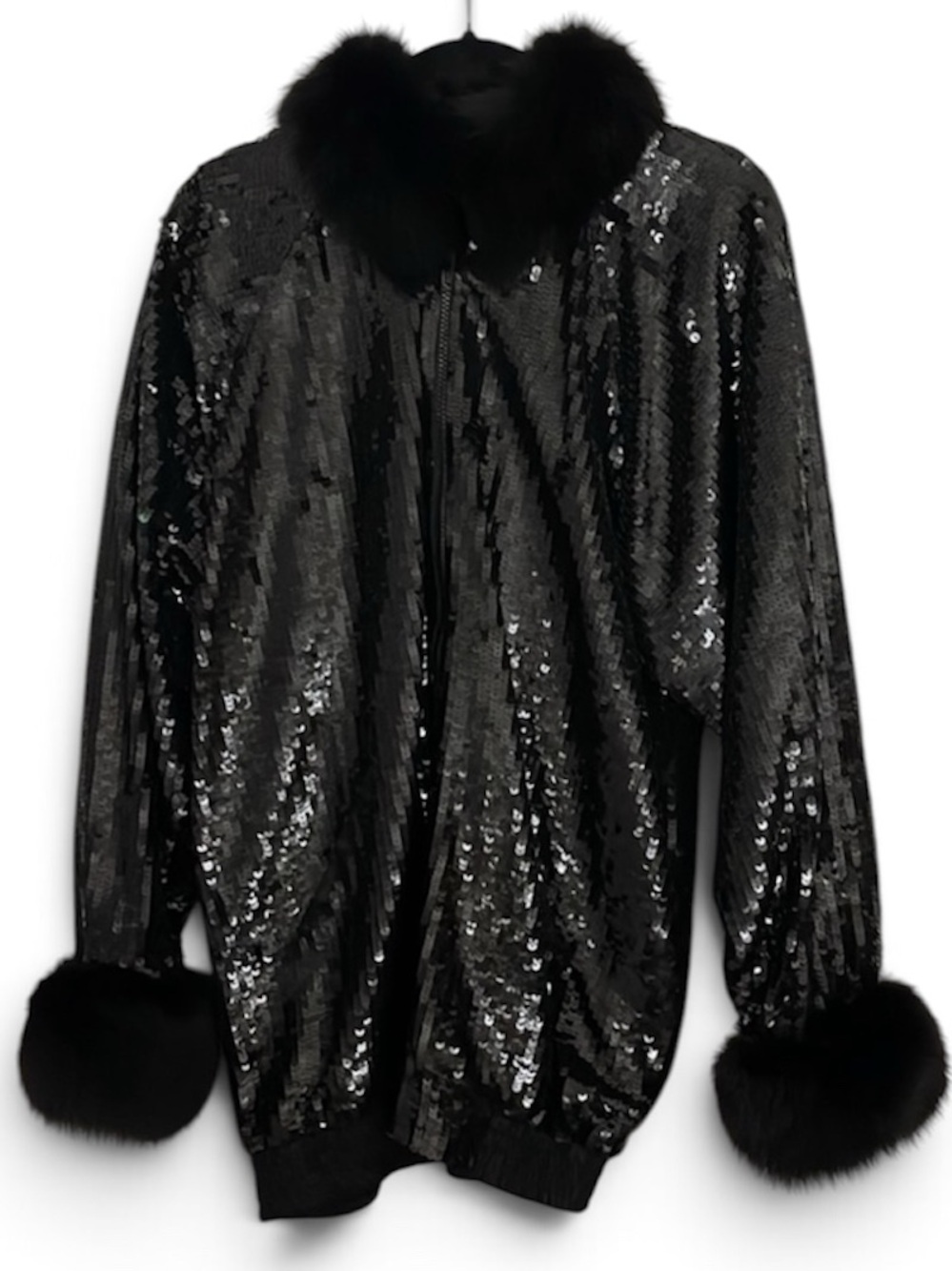 NWOT MODI Vintage Black Sequin Statement Jacket Silk & Real Fox Fur Trim Evening